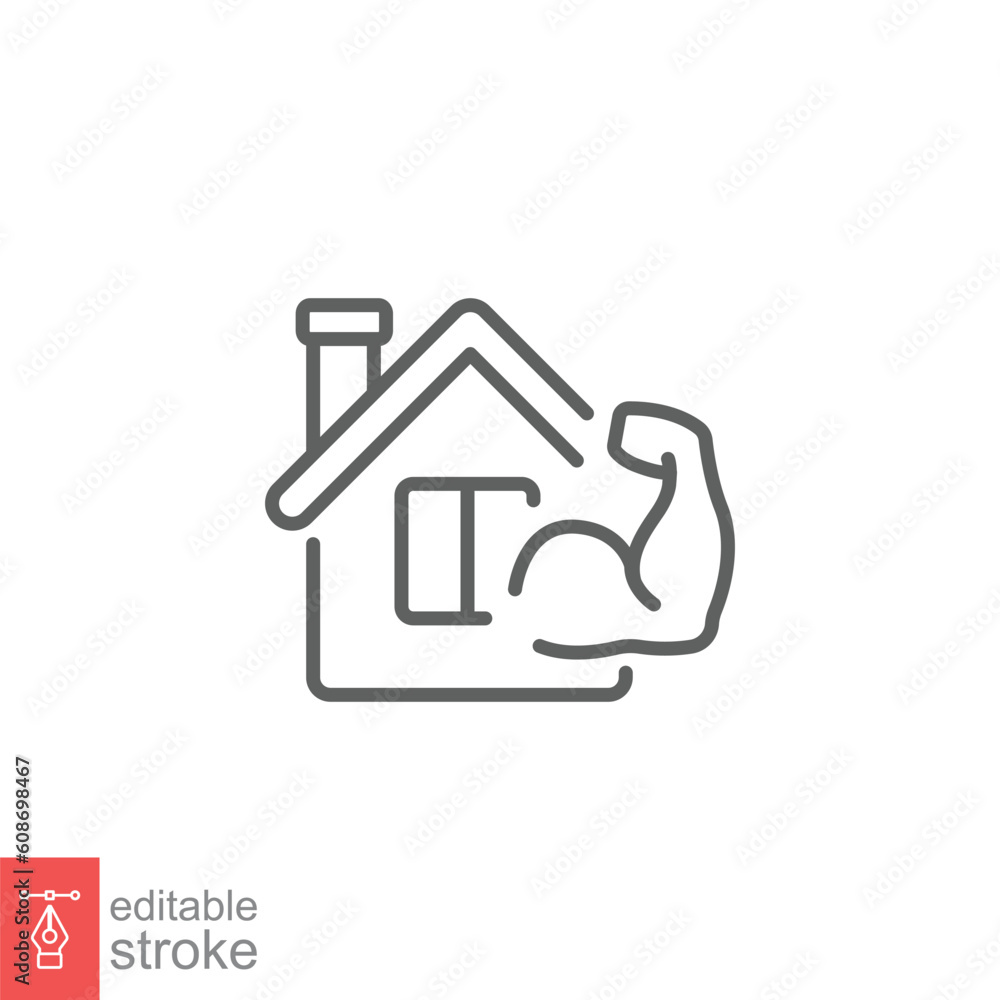 Home workout icon. Simple outline style. Gym, exercise, house training, active, fitness, fit, sport concept. Thin line symbol. Vector illustration isolated on white background. Editable stroke EPS 10. Home workout icon. Simple outline style. Gym, exercise, house training, active, fitness, fit, sport concept. Thin line symbol. Vector illustration isolated on white background. Editable stroke EPS 10.