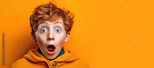 Shock, surprised boy child in a studio with a wow or omg facial expression with his hands on his mouth. Generative AI