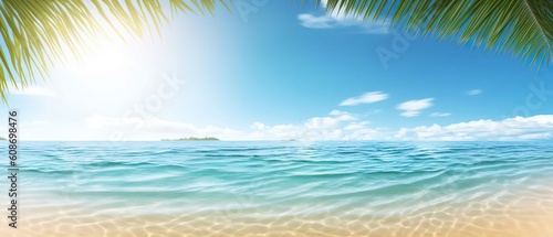Summer landscape, nature of tropical golden beach and leaf palm, soft focus. Golden sand beach with glare in water, turquoise sea water, blue sky, white clouds. Copy space, summer vacation concept