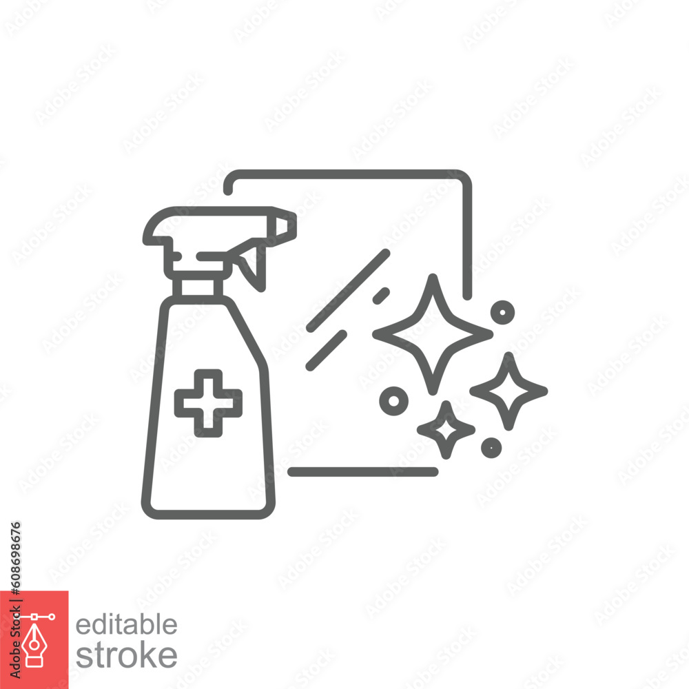 Sanitizing surface icon. Simple outline style. Antibacterial spray, disinfection, easy cleaning concept. Thin line symbol. Vector illustration isolated on white background. Editable stroke EPS 10. Sanitizing surface icon. Simple outline style. Antibacterial spray, disinfection, easy cleaning concept. Thin line symbol. Vector illustration isolated on white background. Editable stroke EPS 10.