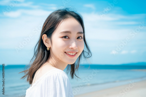 20代女性のポートレート　海背景　AI生成画像　ジェネレーティブAI