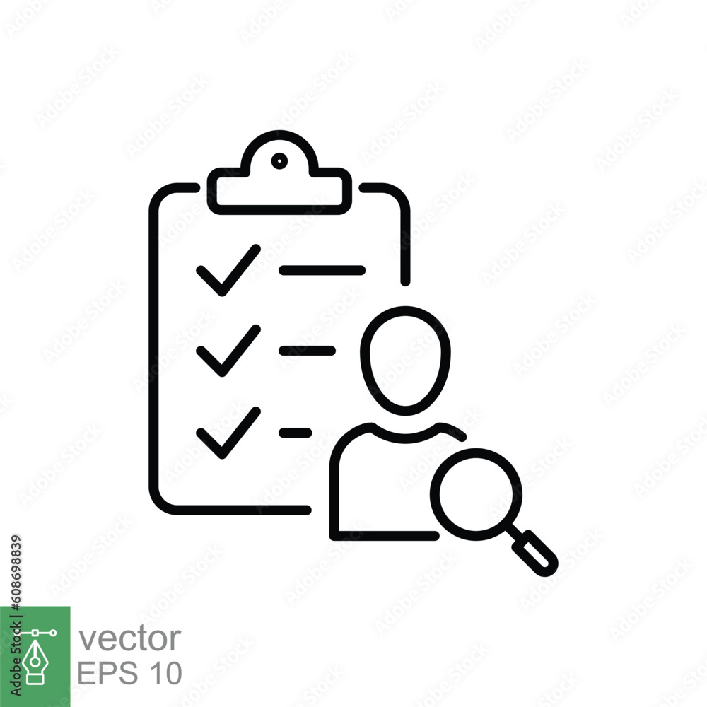 Search job vacancy icon. Simple outline style. Human resource, hire, people, select candidate, recruit, business concept. Thin line symbol. Vector illustration isolated on white background. EPS 10. Search job vacancy icon. Simple outline style. Human resource, hire, people, select candidate, recruit, business concept. Thin line symbol. Vector illustration isolated on white background. EPS 10.