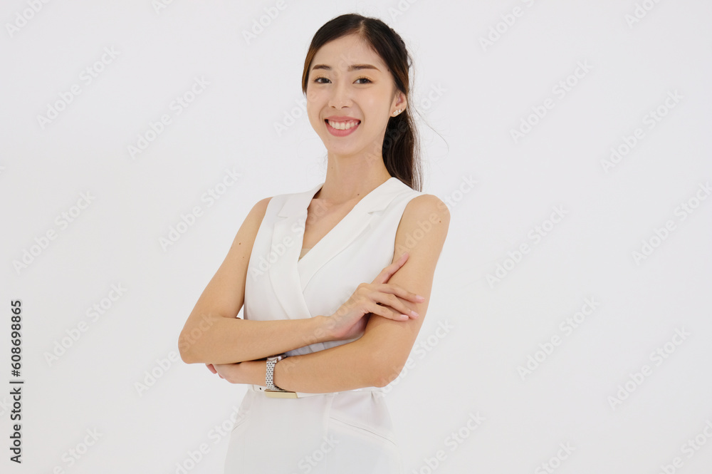 Young beautiful business woman standing smiling on white background. Young beautiful business woman standing smiling on white background.
