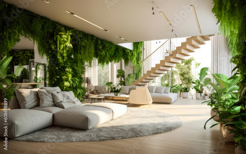 Luxury sustainable green living solution. Eco-friendly houseing. Concept design. Plants inside a living room. Ultra realistic render. Generative Ai. Architectural Masterpiece © MBL