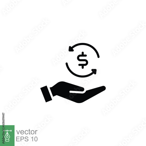 Cashback icon. Simple solid style. Money back, refund, rebate, return, hand hold coin, business concept. Black silhouette, glyph symbol. Vector illustration isolated on white background. EPS 10.