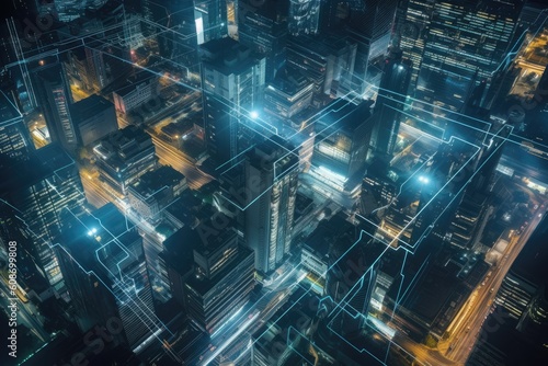 Aerial view of futuristic city at night, generative AI