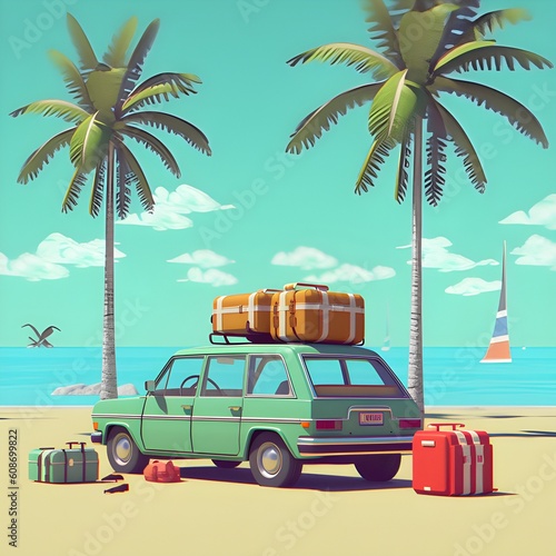 Summer travel , Green car with luggage for summer holidays, pixel art. Generative Ai 