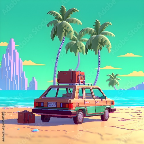 Summer travel , Green car with luggage for summer holidays, pixel art. Generative Ai 