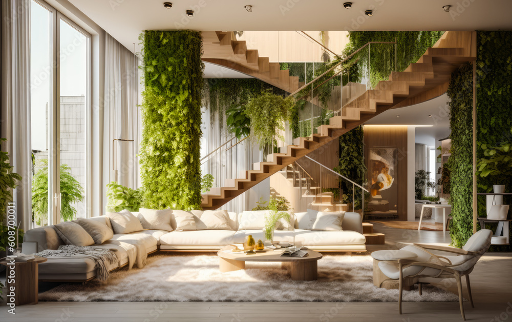 Luxury sustainable green living solution. Eco-friendly houseing. Concept design. Plants inside a living room. Ultra realistic render. Generative Ai. Architectural Masterpiece