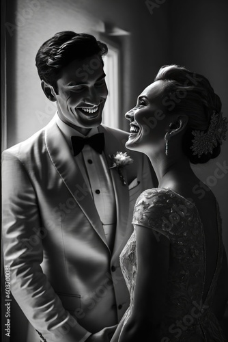 Happy Handsome Groom and Beautiful Bride Pre-Wedding photography, Minimal style, generative AI