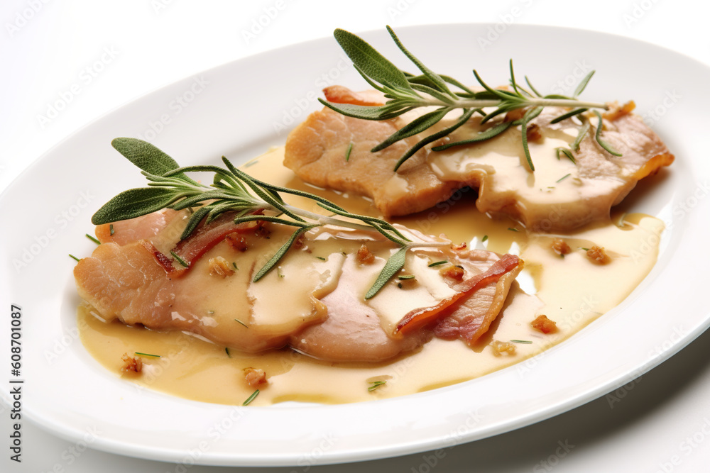 Saltimbocca alla Romana: Thin slices of veal sauteed with prosciutto and sage, then simmered in a white wine sauce. Generative AI. Saltimbocca alla Romana: Thin slices of veal sauteed with prosciutto and sage, then simmered in a white wine sauce. Generative AI.