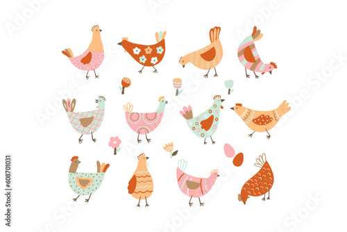 Modern set with hens, eggs and flowers.