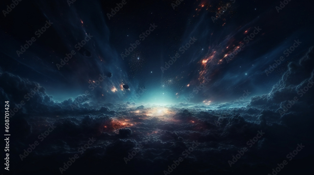 space background in the style of dark blue, blurred, dreamlike atmosphere, luminous imagery