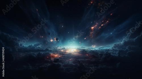 space background in the style of dark blue, blurred, dreamlike atmosphere, luminous imagery