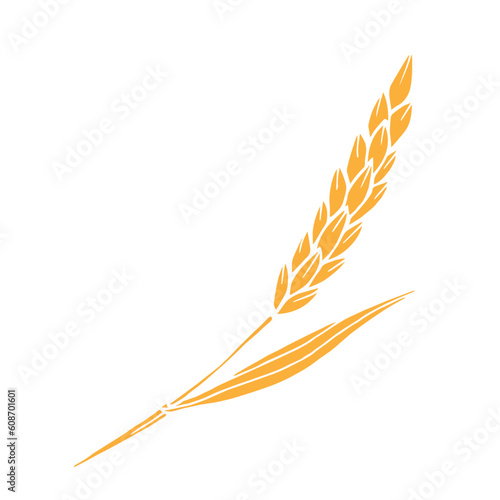 Simple hand-drawn vector drawing. Gold spikelet of wheat isolated on white background. Cereals, flour products. For printing, label, logo, shop, bakery. photo