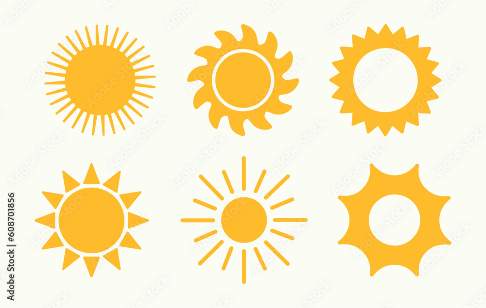 Vector illustration of sun, sunset, summer. Set of yellow, orange icons, white background Vector illustration of sun, sunset, summer. Set of yellow, orange icons, white background