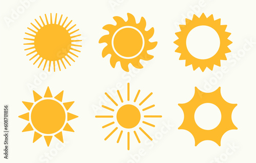 Vector illustration of sun, sunset, summer. Set of yellow, orange icons, white background