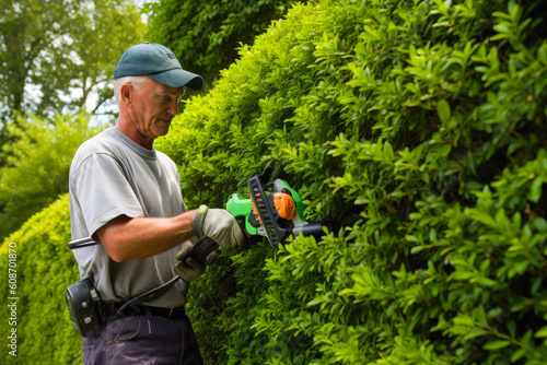 Male gardener trimming tall hedge with an motorized hedge trimmer. Generative ai