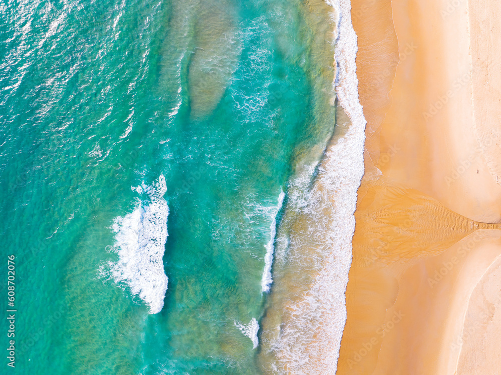 Top view of amazing sea sand beach and turquoise sea copy space available nature background, High angle view sea beach background