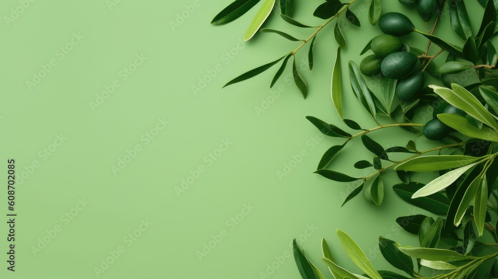 Background olive branch on a green background. green olives. olive oil. green banner. copy space. generative ai