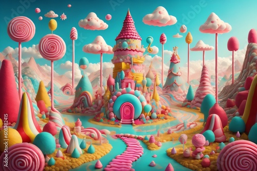Temple on candy land. Beautiful fantasy landscape