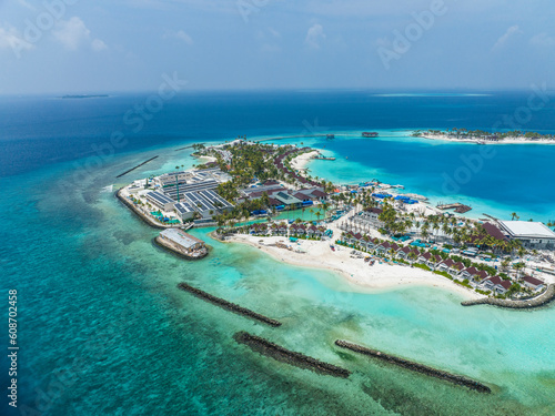 Aerial View, Maldives, North Malé Atoll, Indian Ocean, the newly built OBLU XPERIENCE Ailafushi Resort and the OBLU SELECT Lobigili Resort photo