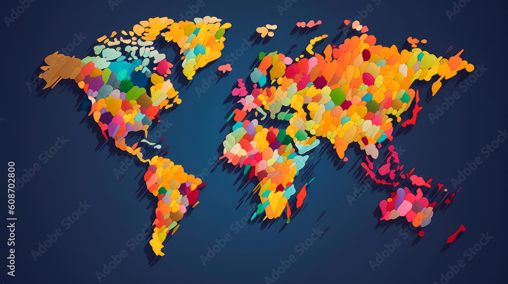 Fototapeta premium Global political map of the world, in the style of bright color palettes, stylish, regionalism, bright colors. Generative Ai.