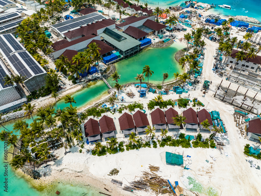 Aerial View, Maldives, North Malé Atoll, Indian Ocean, the newly built OBLU XPERIENCE Ailafushi Resort and the OBLU SELECT Lobigili Resort