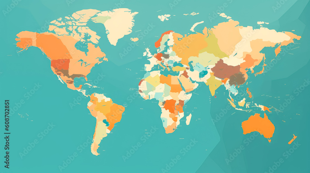 Global political map of the world, in the style of bright color palettes, stylish, regionalism, bright colors. Generative Ai. Global political map of the world, in the style of bright color palettes, stylish, regionalism, bright colors. Generative Ai.