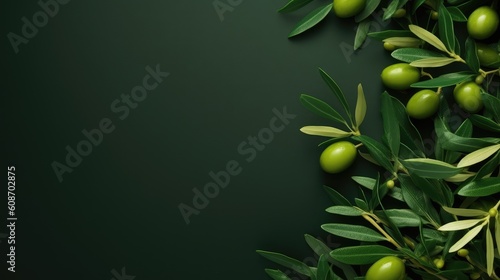 Background olive branch on a green background. green olives. olive oil. green banner. copy space. generative ai photo
