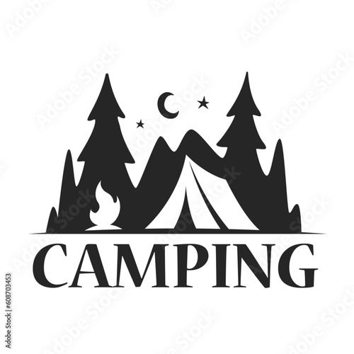 logo camping, Drawing of a tent in the forest at night and with a bonfire