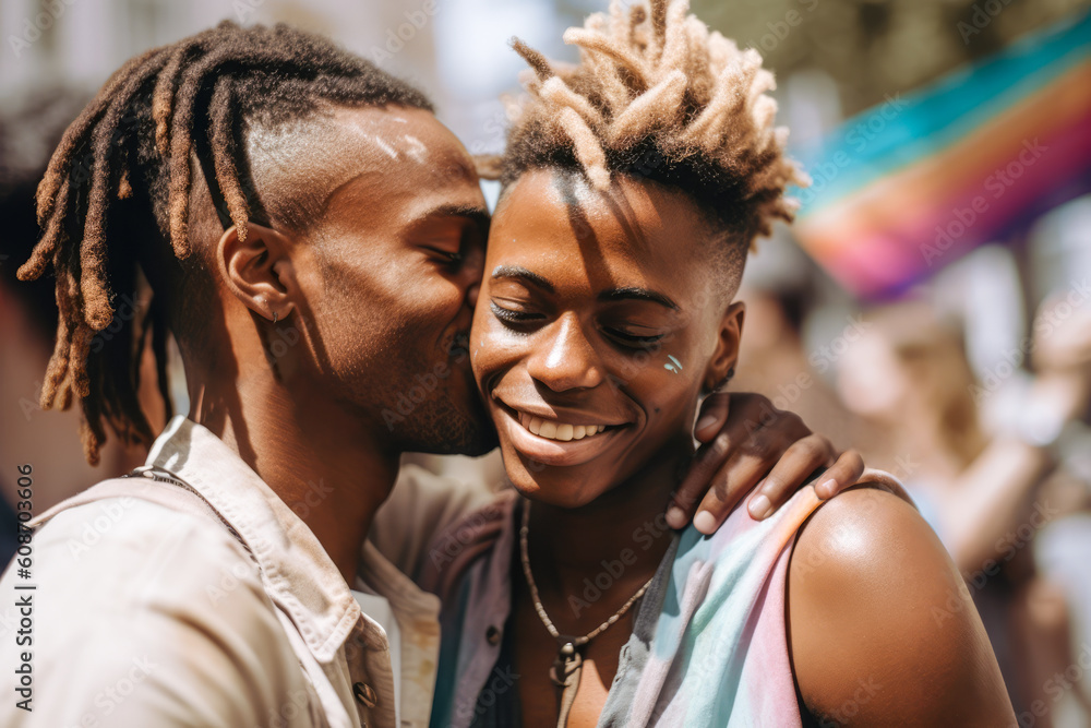 Generative AI illustration of happy young African American gay couple