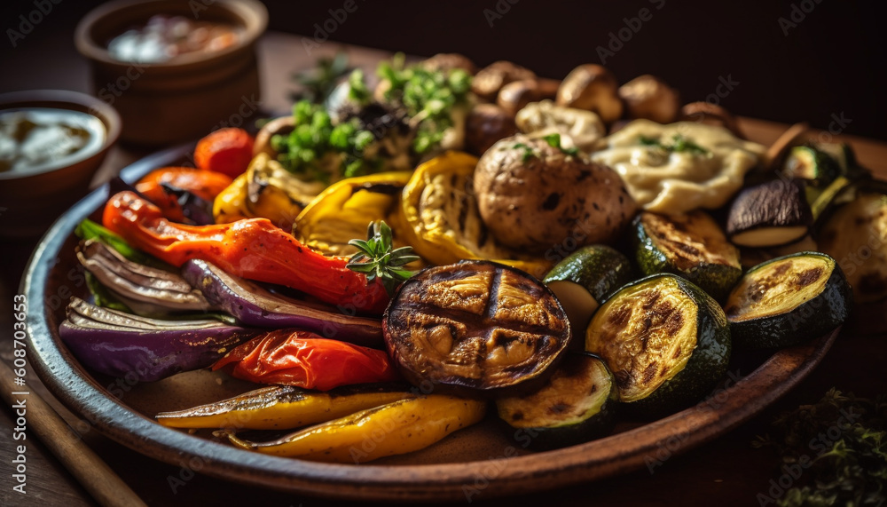 Fototapeta premium Grilled meat and vegetable plate, fresh and gourmet barbecue meal generated by AI
