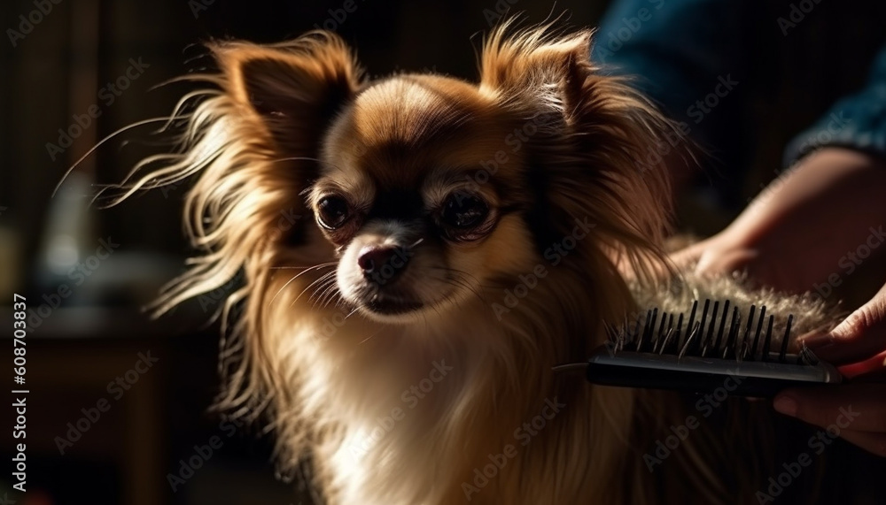 Small, cute lap dog with long hair gets pampered grooming generated by AI