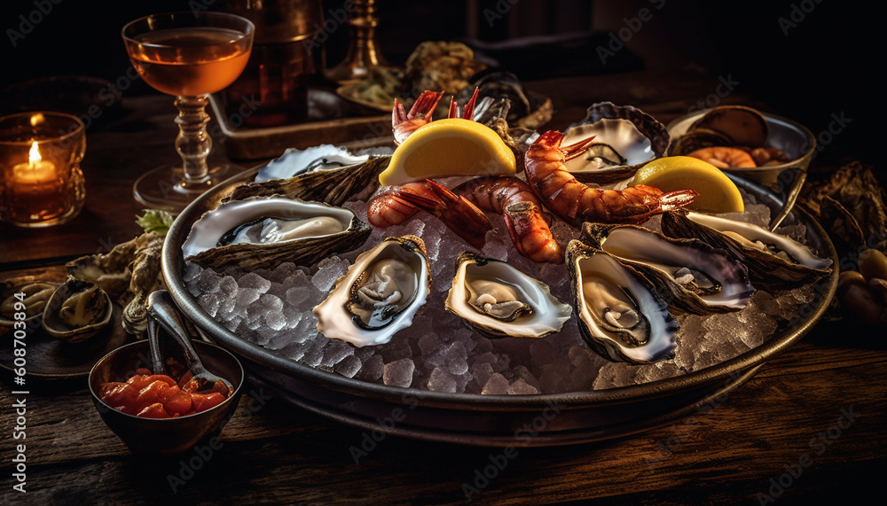 A gourmet seafood meal on a dark wooden table, ready to eat generated by AI