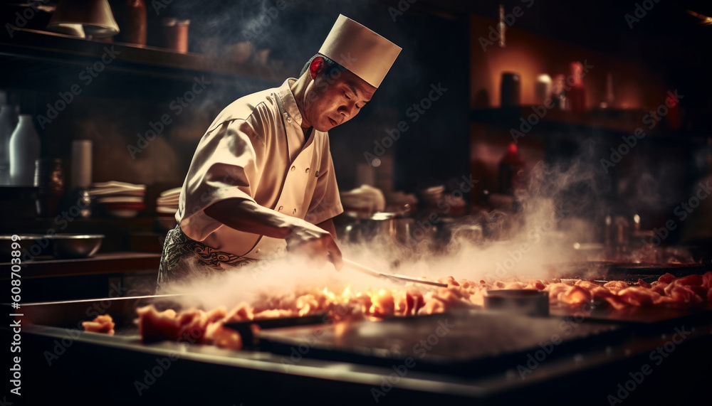 One man, an expert chef, grills fresh meat indoors generated by AI One man, an expert chef, grills fresh meat indoors generated by AI