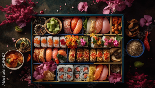 A gourmet meal of fresh seafood and rice with maki sushi generated by AI