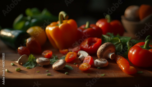 Fresh organic vegetables on rustic wooden cutting board, perfect for cooking generated by AI