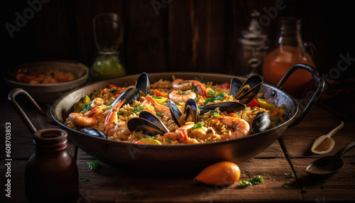 A gourmet seafood paella meal cooked with fresh crustaceans generated by AI