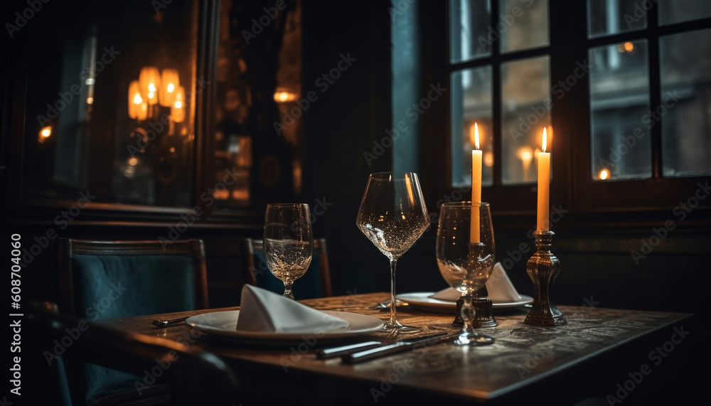 Luxury dining table illuminated by candlelight, wine bottle and glass generated by AI