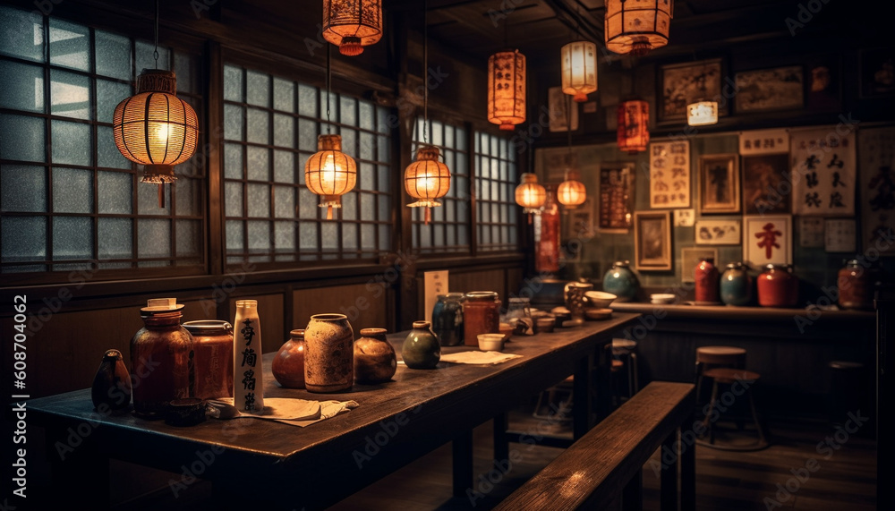 Rustic lantern illuminates old bar, modern design meets Chinese culture generated by AI