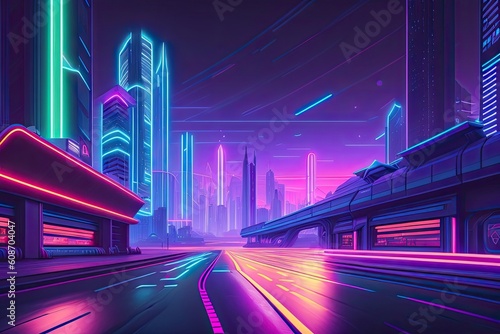 Neon Future Purple City Generative AI. Futuristic Cyberpunk Violet Design