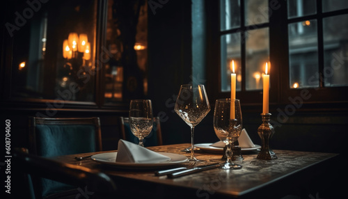 Luxury dining table illuminated by candlelight  wine bottle and glass generated by AI