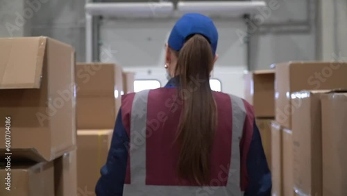 Logistic personnel unload truck, arrange boxes, inspect and track goods.