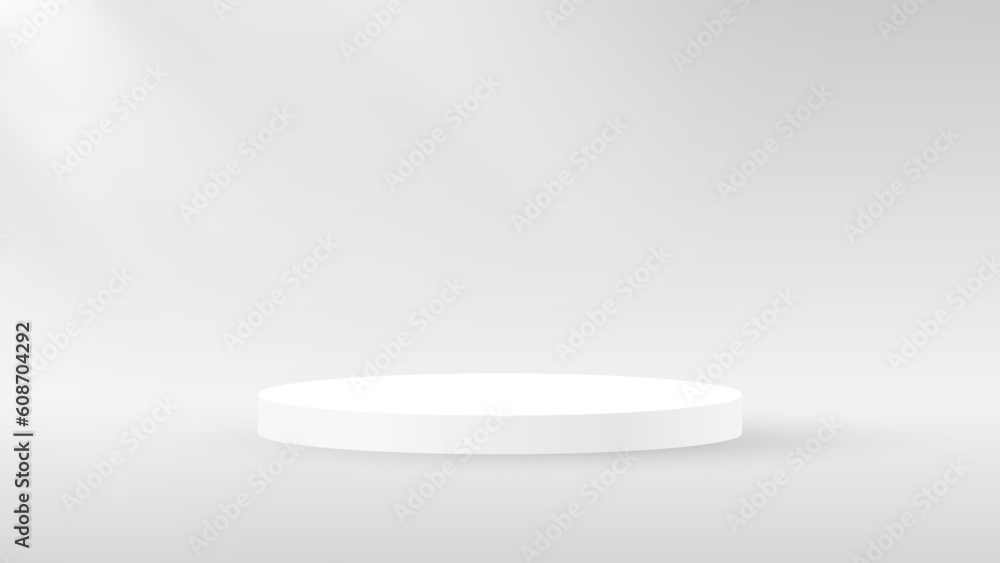 Realistic 3d round stand product podium scene on soft background. Product pedestal on soft light of a sunny day. Minimal aesthetic mockup product stage display concept. Vector illustration Realistic 3d round stand product podium scene on soft background. Product pedestal on soft light of a sunny day. Minimal aesthetic mockup product stage display concept. Vector illustration