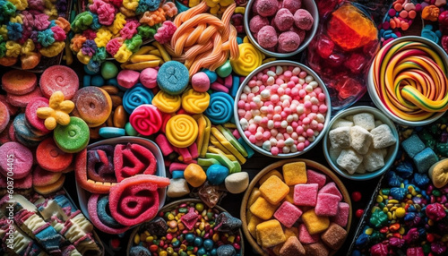 A vibrant rainbow of addictive, chewy candy in a fun arrangement generated by AI © djvstock