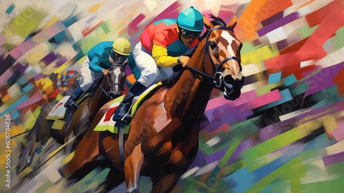 Cup Day at the Races, Horses racing at Melbourne Cup Day, Abstract Art, Digital Illustration, Generative AI photo