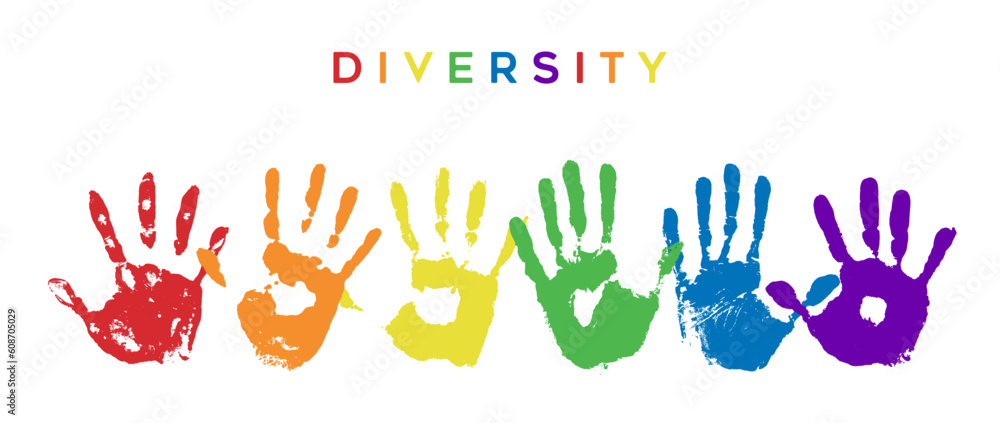 Set of different handprints in rainbow colors, diversity concept vector design