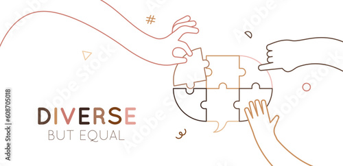 Hands of different skin colors outline puzzle communication concept banner