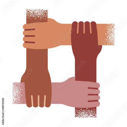 Hands of diverse skin colors together concept vector illustration